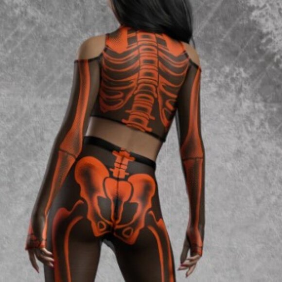 Candy Catz NEW SEXY Halftone Skeleton Orange Mesh Cold Shoulder Crop HALLOWEEN - Picture 3 of 8